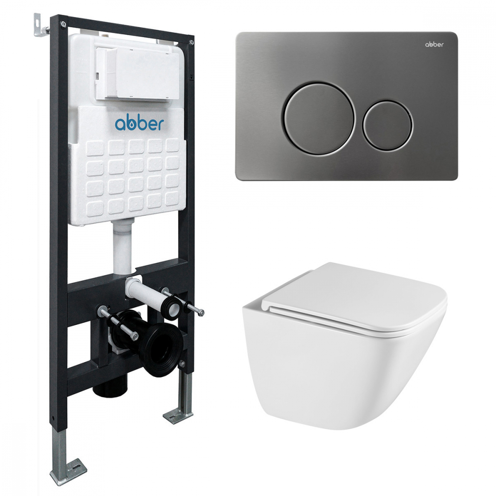 Комплект подвесной унитаз ABBER Rechteck AC1220TC белый, с закрытым дном с инсталляцией AC0105 и кнопкой AC0121NG никель