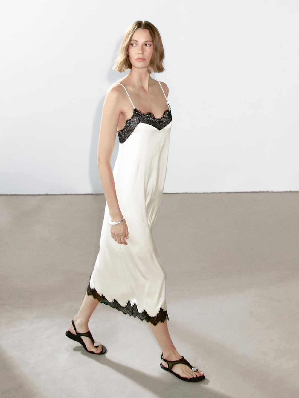 Massimo Dutti Длинное комбинированное платье в бельевом стиле, натуральный, кремовый