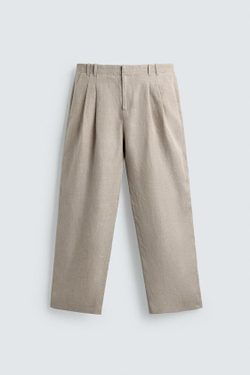 ZARA БРЮКИ ИЗ ХЛОПКА И ЛЬНА С ЗАЩИПАМИ, ПЕСОЧНЫЙ