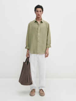 Massimo Dutti Рубашка классического кроя из 100% льна, темно-зеленый