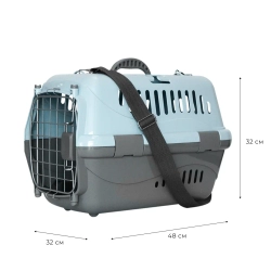 Переноска пластиковая ZOOEXPRESS "Турне" с металлической дверцей, авиазамком, ковриком и ремнем - 48х32х32 см (M) - голубая