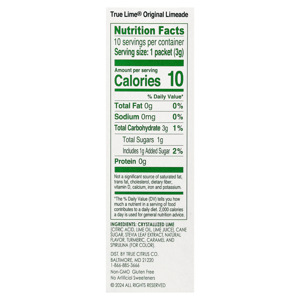 True Citrus, True Lime®, лаймад, оригинальный вкус, 10 пакетиков по 3 г (0,11 унции)