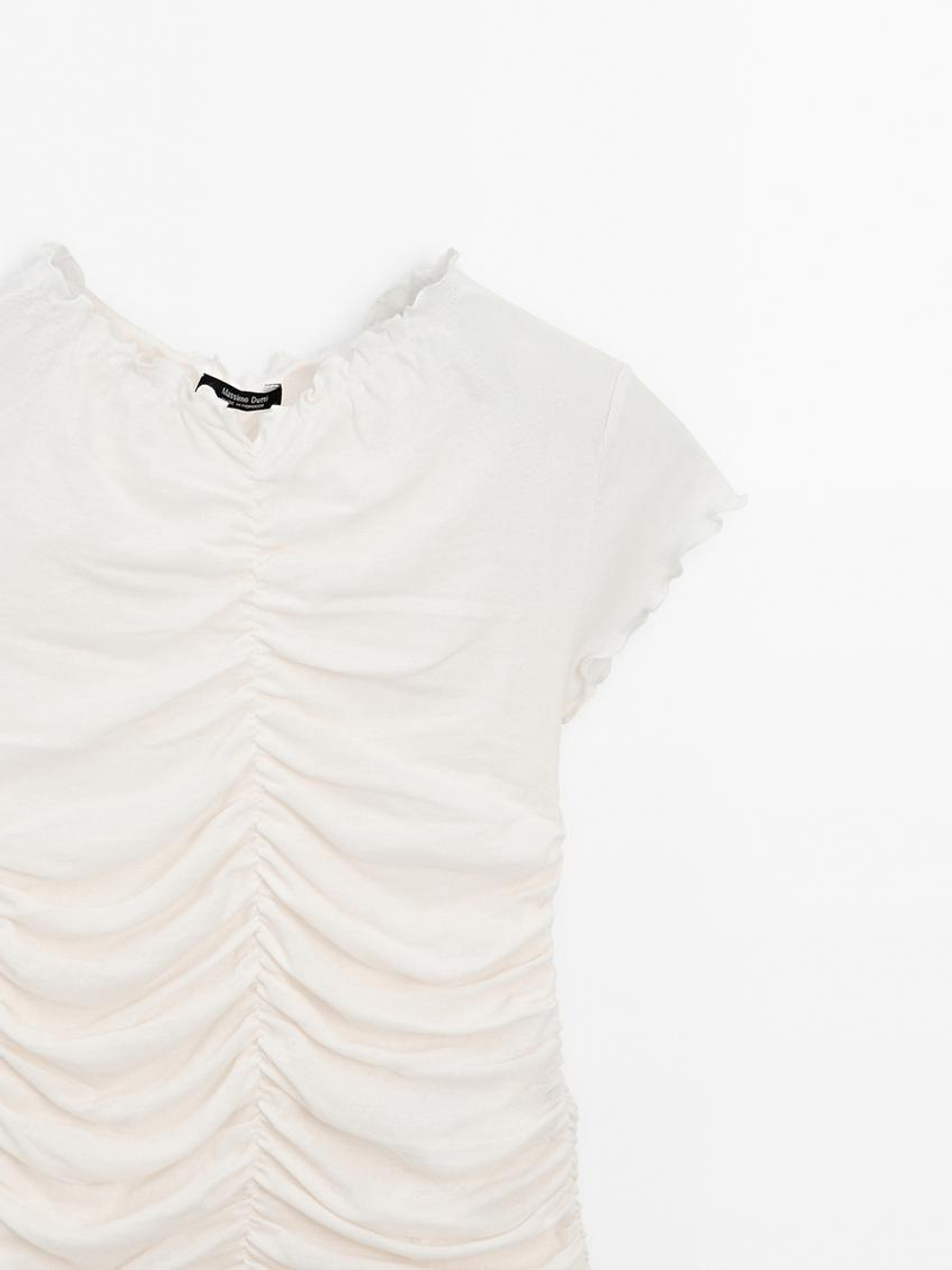 Massimo Dutti Футболка из хлопка со сборкой, натуральный, кремовый