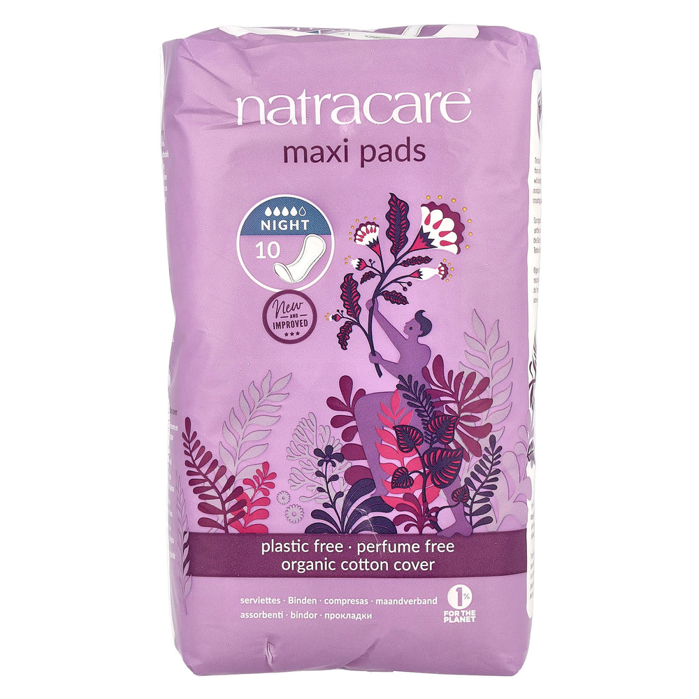 Natracare, Maxi, прокладки с поверхностью из органического хлопка, ночные, 10 шт.