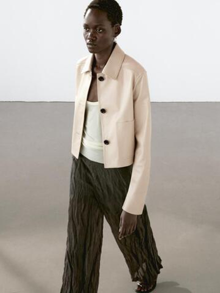 Massimo Dutti Укороченная куртка из кожи наппа, бежевый