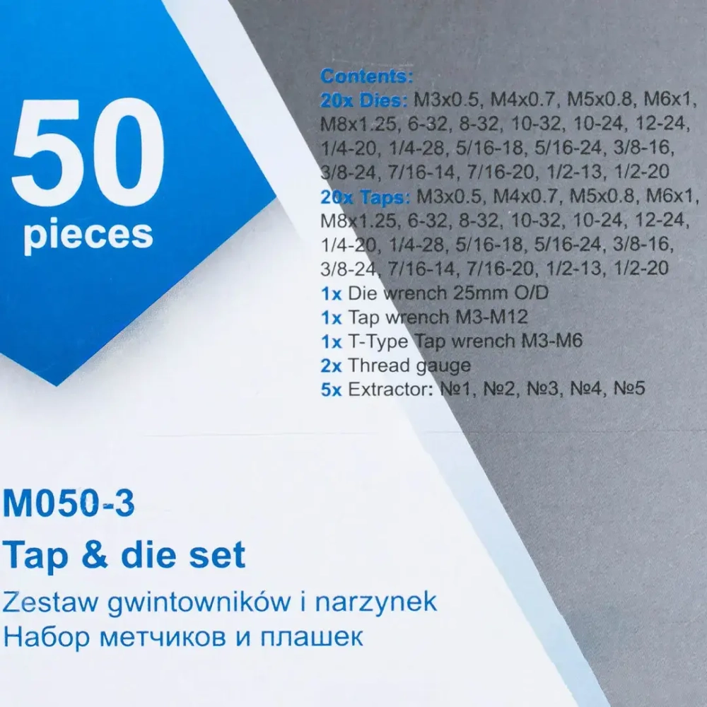 Набор метчиков и плашек 50пр.(М3х0.5,4х0.7,5х0.8,6х1.0,8х1.25,6,8,10-32,10,12-24,1/4-20/28,5/16-18/24,3/8-16/24,7/16-14/20,1/2-13,1/2-20) Scheppach Sch-M050-3