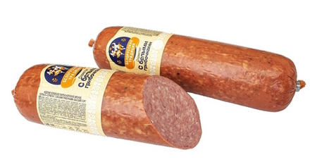 Колбаса варено-копченая "Сервелат с белыми грибочками" Белорусская традиция