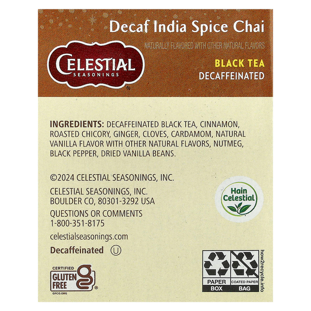 Celestial Seasonings, Black Tea, чай со специями из Индии, чай без кофеина, 20 чайных пакетиков, 61 г (2,1 унции)
