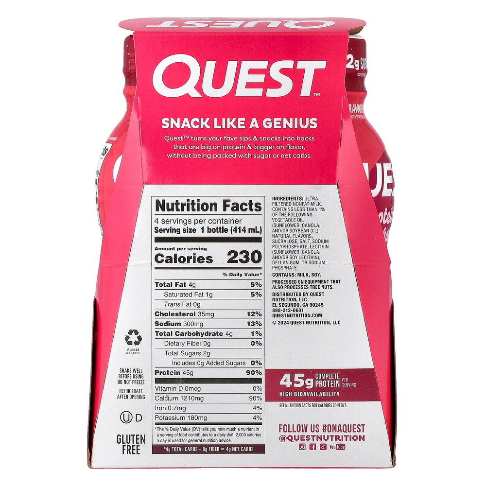 Quest Nutrition, Протеиновый молочный коктейль, клубника, 4 флакона по 414 мл (14 жидк. Унций)