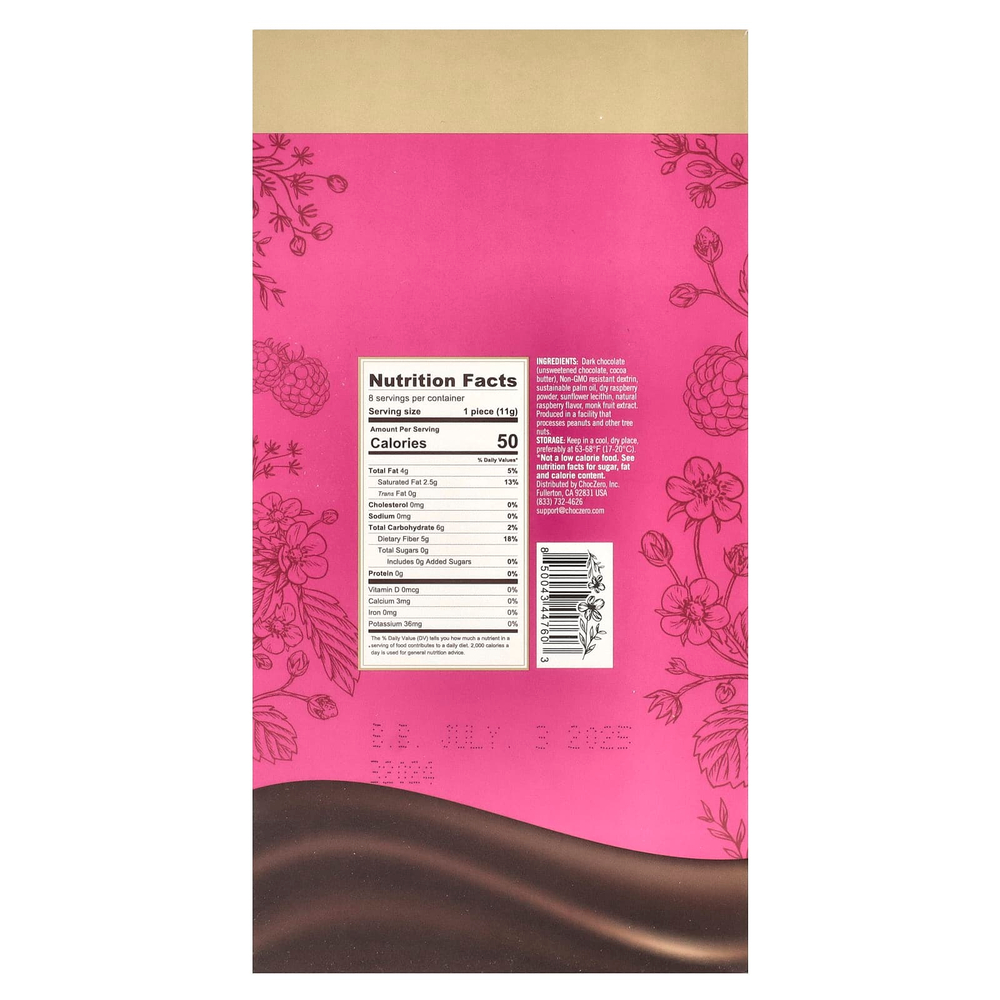 ChocZero, Signature Squares, темный шоколад, малина, 8 квадратов, 90 г (3,2 унции)