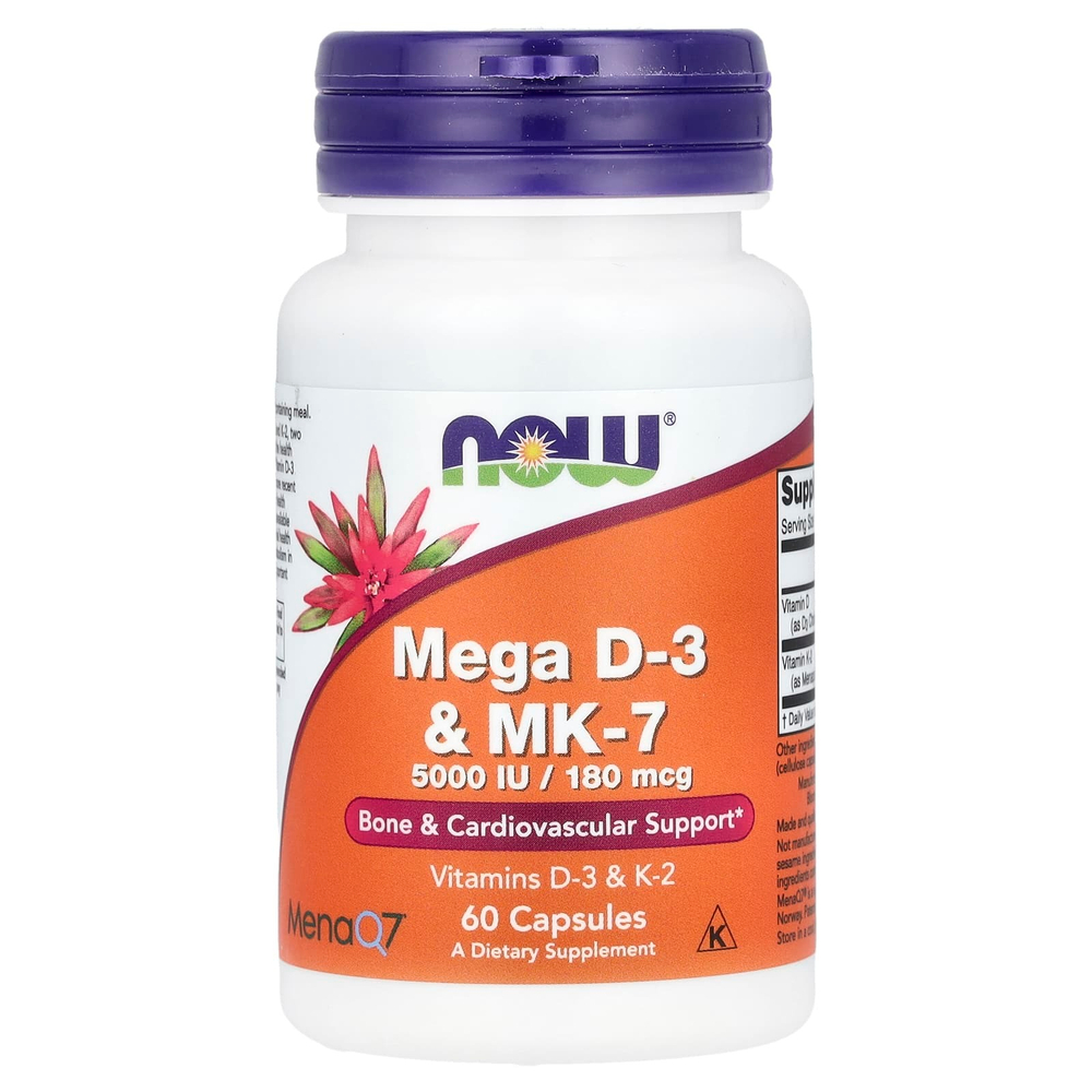NOW Foods, мега D3 и MK-7, 5000 МЕ / 180 мкг, 60 капсул