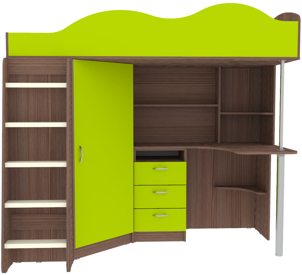 Кровать-чердак КарИВи Пионер с деревянной лестницей Бодего Темный Лайм