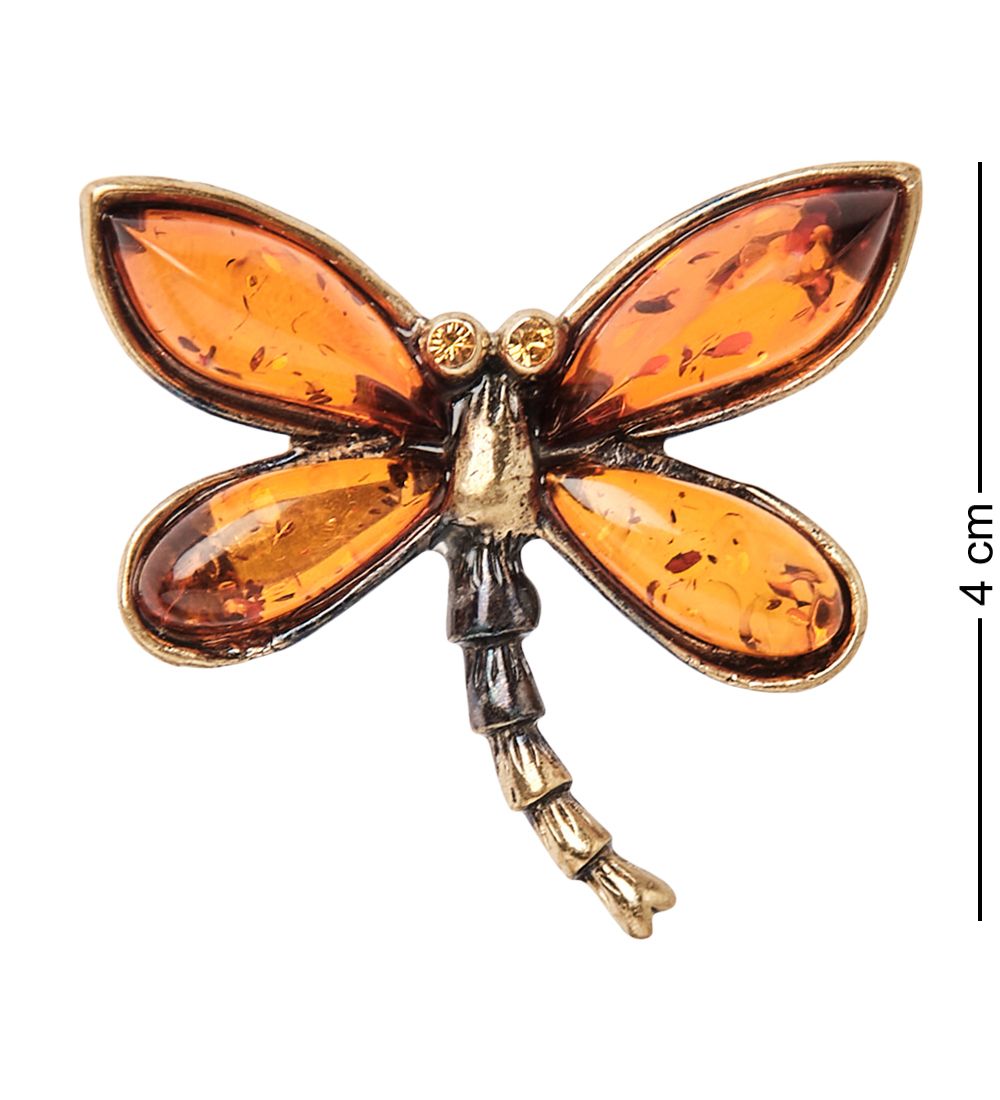 AM-1997 Брошь «Стрекоза» (латунь, янтарь)