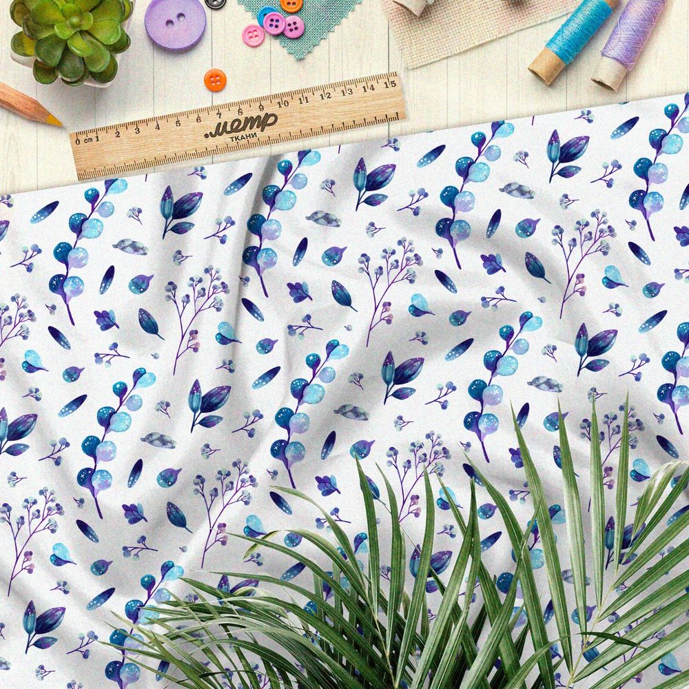 Ткань футер 2-х нитка синия трава и тысячелетник на белом фоне