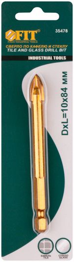 35478 Сверло по кафелю, 4 режущие кромки, титановое покрытие, U-хвостовик под биту 10 х 84 мм FIT