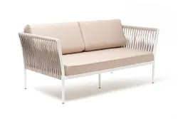 "Касабланка" диван 2-местный плетеный из роупа, каркас алюминий светло-серый (RAL7035) муар, роуп серо-коричневый 23мм, ткань бежевая 052