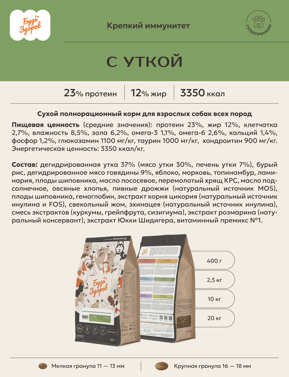 Корм для собак Будь Здоров для взрослых всех пород. С уткой мелкая гранула