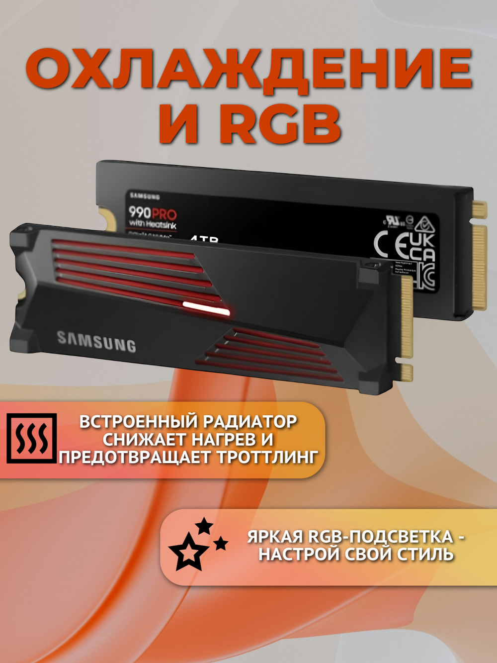 Твердотельный накопитель Samsung 990 PRO 1 ТБ M.2 с радиатором, NVMe, с RGB подсветкой MZ-V9P1T0CW