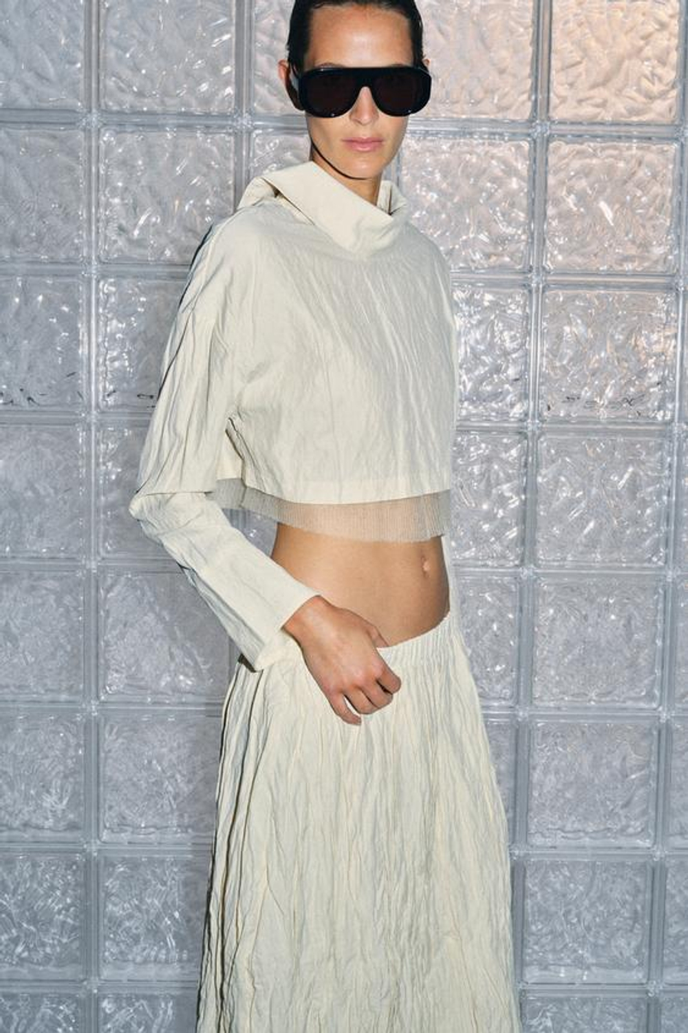 ZARA ЮБКА МИДИ ИЗ ЖАТОГО ТРИКОТАЖА, КРЕМОВЫЙ