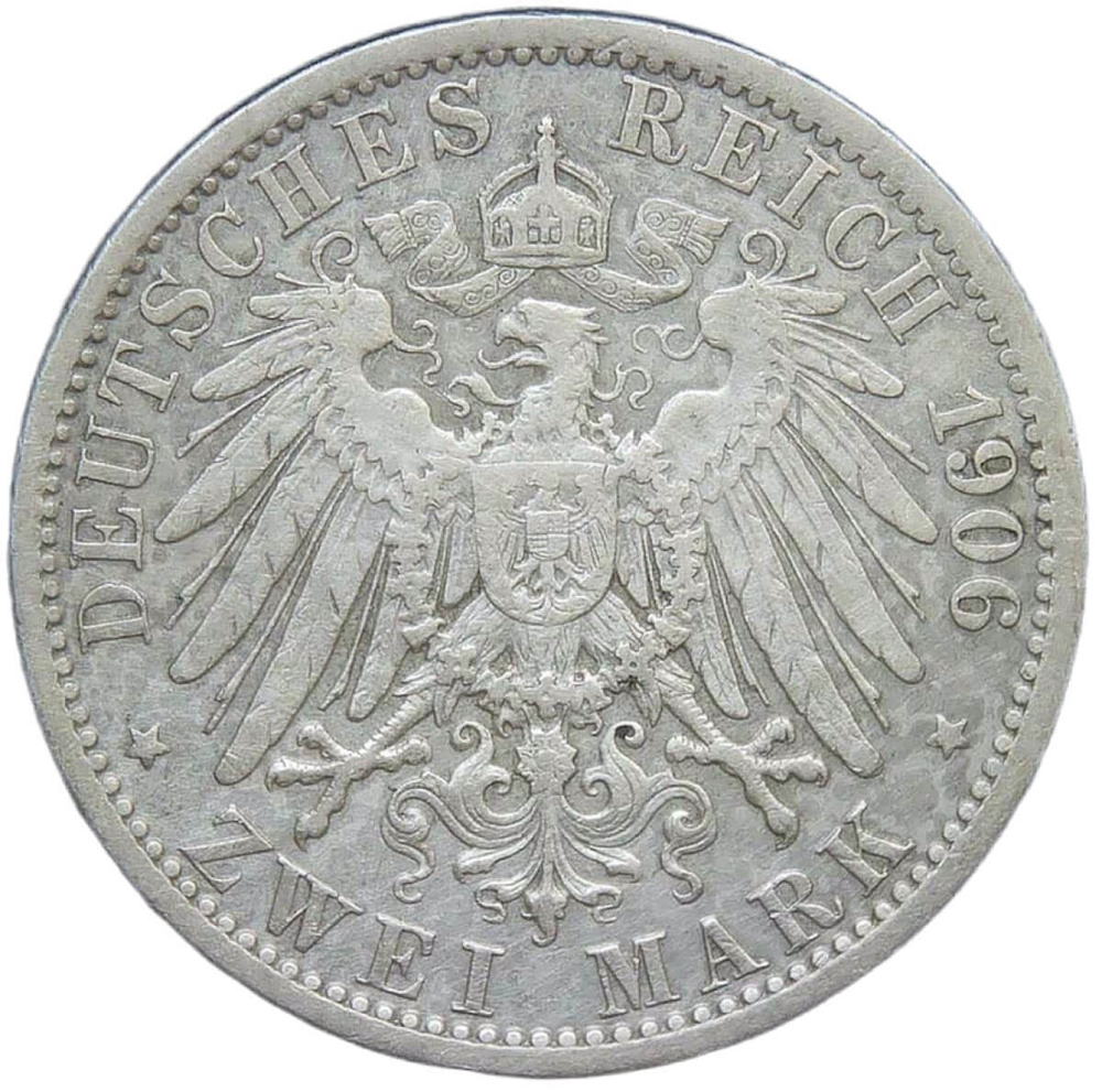 Германская Империя, Пруссия 2 марки (mark) 1906 с портретом Вильгельма II (VF-XF)