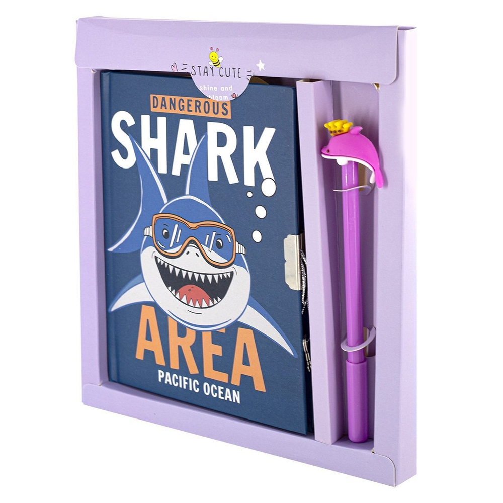 Записная книжка в футляре 20,0 см * 22,5 см , 7БЦ, Alingar, ламинация, замочек, ручка, 50 л., линия, "Акула - опасность"