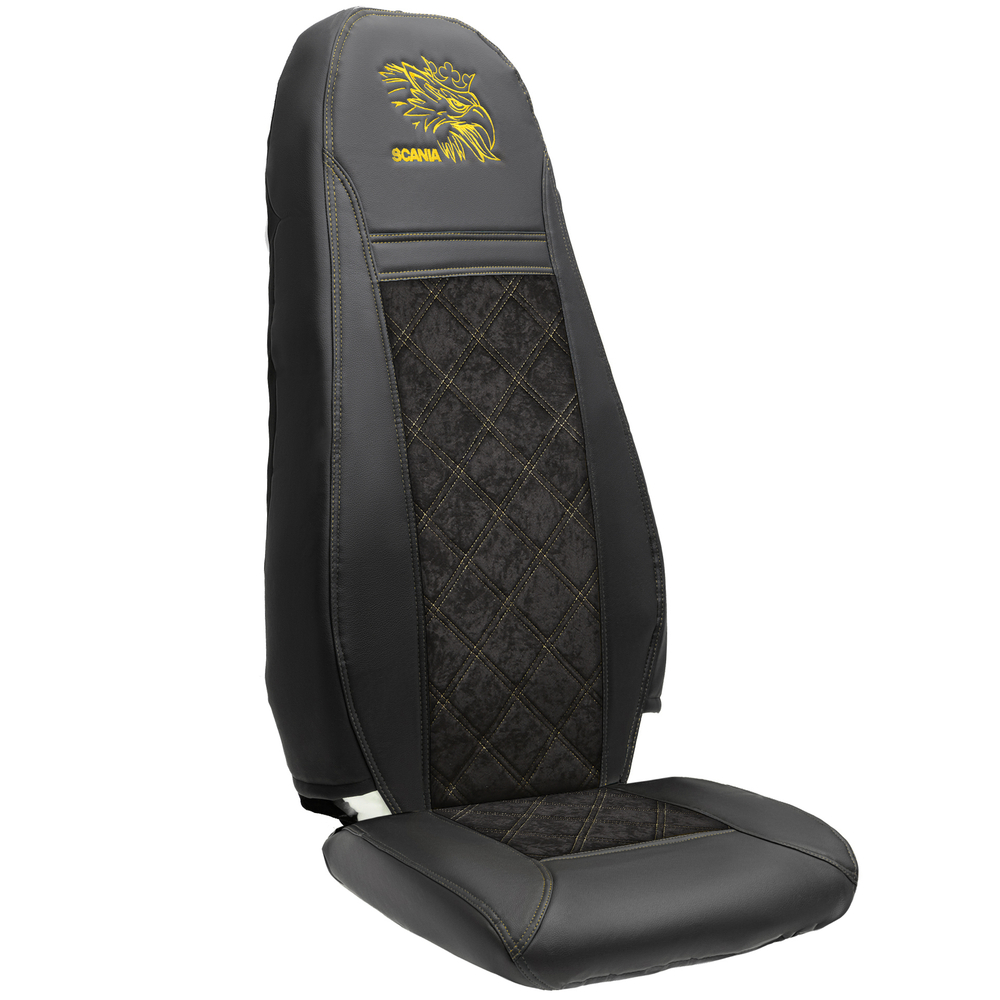 Чехлы Scania 6 серия 2 высоких сиденья (экокожа, черный, желтая строчка)