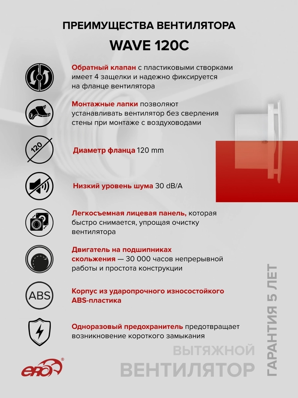 Вентилятор накладной WAVE D120 обр.клапан ERA