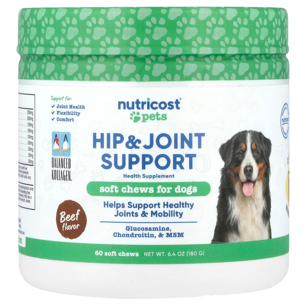 Nutricost, Pets, для поддержки бедер и суставов, для собак, говядина, 60 жевательных таблеток, 180 г (6,4 унции)