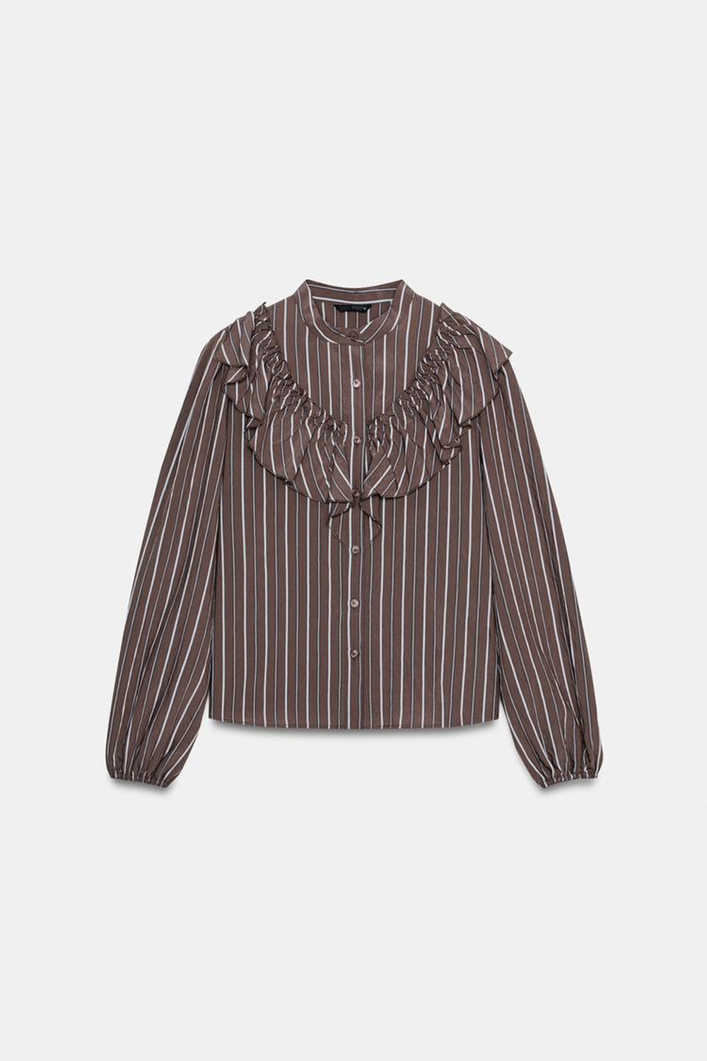 ZARA РУБАШКА В ПОЛОСКУ С ВОЛАНАМИ, КОРИЧНЕВО-СИНИЙ