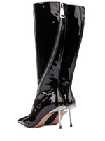 Женские лаковые чёрные сапоги на шпильке со стразами