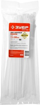 ЗУБР КСР-Б1, 7.5 x 300 мм, нейлон РА66, 100 шт, белые, кабельные стяжки разъемные, Профессионал (309240-75-300)