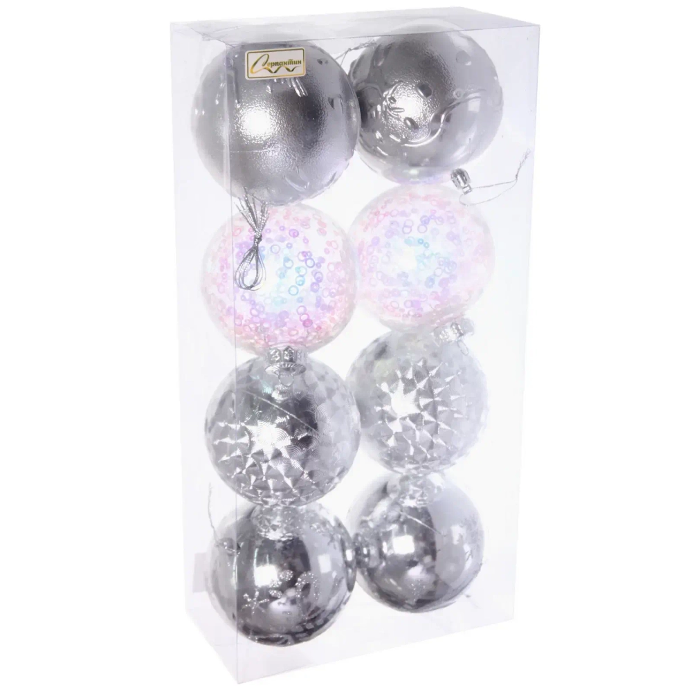 Новогодние шары «Сказочное королевство» 10 см (набор 8 шт), Серебро