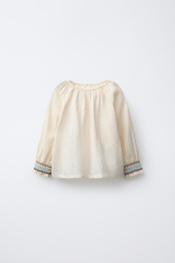 ZARA РУБАШКА ИЗ СЕТЧАТОЙ ТКАНИ В ГОРОШЕК С ВЫШИВКОЙ, ЭКРЮ