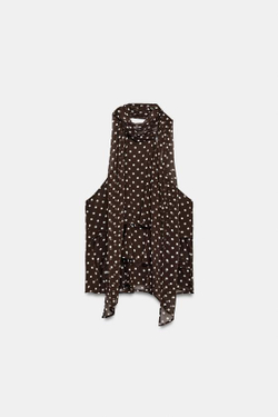 ZARA АСИММЕТРИЧНЫЙ ТОП В ГОРОШЕК, КОРИЧНЕВЫЙ/БЕЛЫЙ
