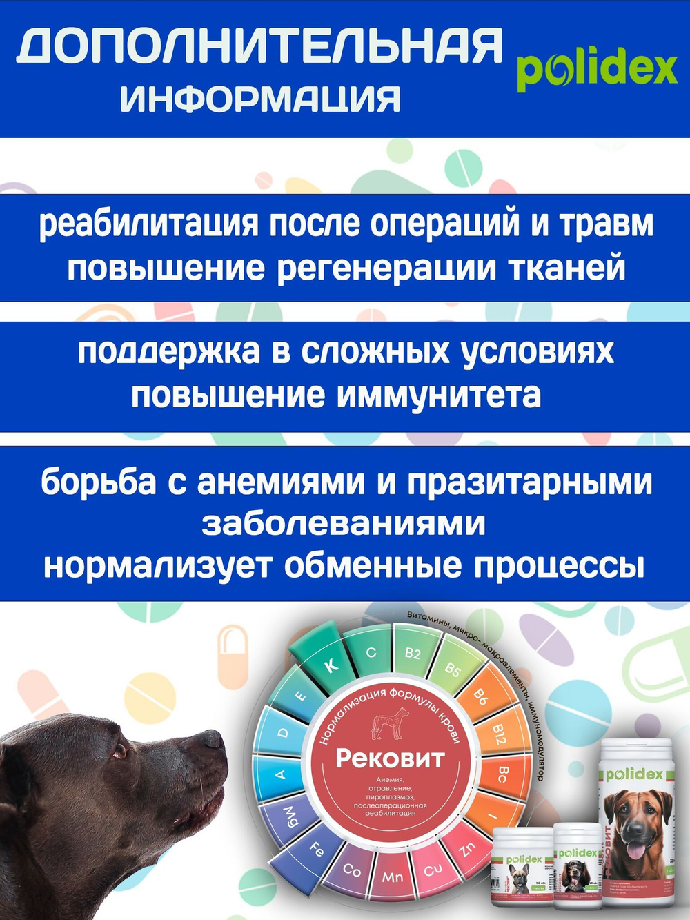 Polidex Recovit для собак, Кормовая добавка для восстановления организма после операций, травм, больших потерь крови, Полидекс Рековит, 150 таб