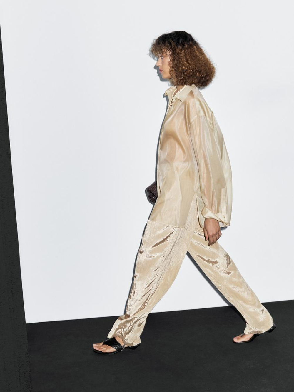 Massimo Dutti Рубашка из органзы со смесью шелка тутового дерева, бежевый