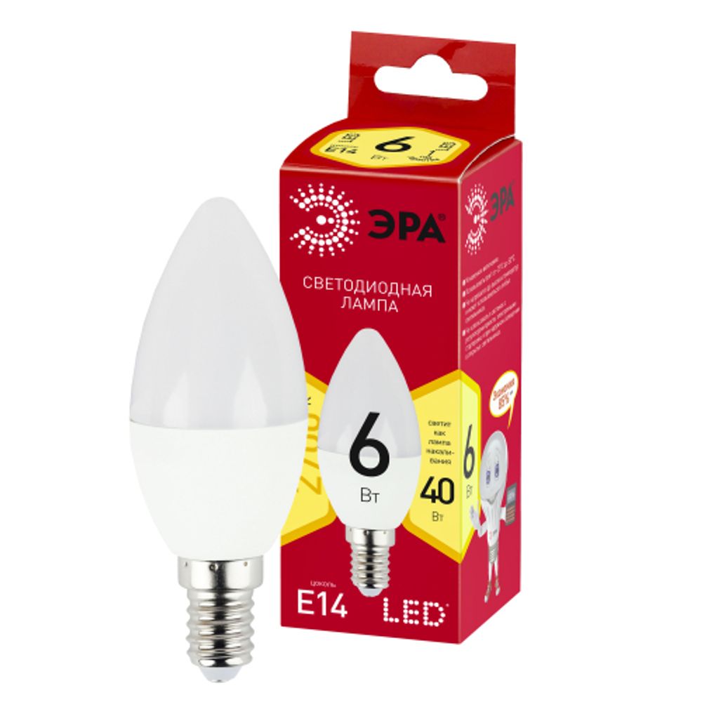Лампа светодиодная ЭРА RED LINE LED B35-6W-827-E14 R 6Вт свеча теплый белый свет Е14 | Лампы cветодиодные Свеча (B/C)