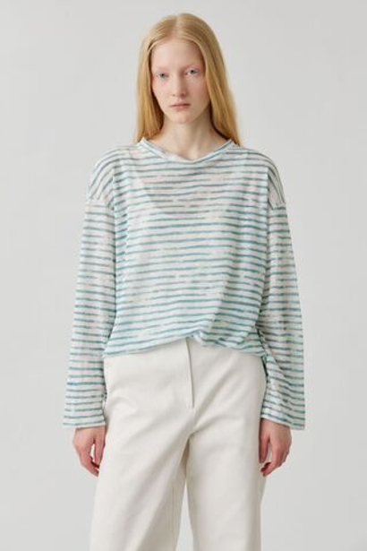 Топ с разрезами в голубую полоску из льна