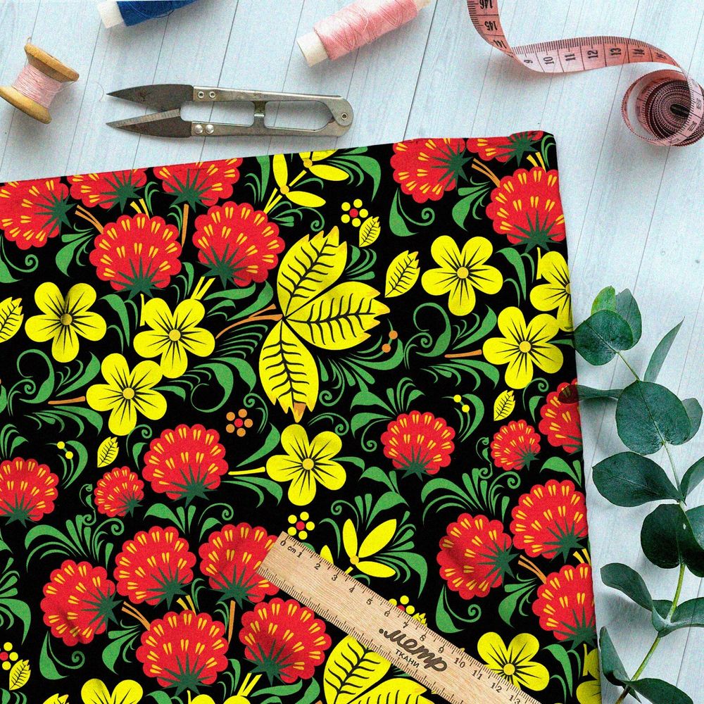 Ткань шифон крупная хохлома на чёрном фоне