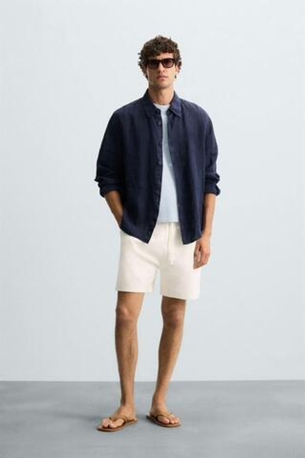 ZARA ТЕКСТУРИРОВАННЫЕ ШОРТЫ-ДЖОГГЕРЫ, ЖЕЛТОВАТО-БЕЛЫЙ