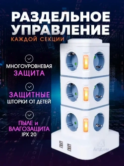 Удлинитель сетевой фильтр 12 розеток с USB и предохранителем