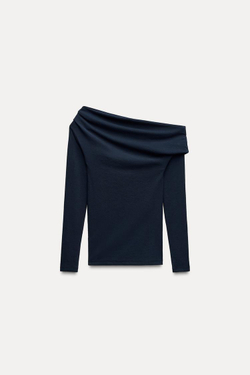 ZARA ТОП АСИММЕТРИЧНОГО КРОЯ ИЗ МЯГКОГО ИНТЕРЛОКА, МОРСКОЙ ТЕМНО-СИНИЙ