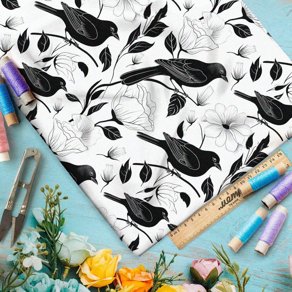 Ткань премиум сатин темные соловьи на белом