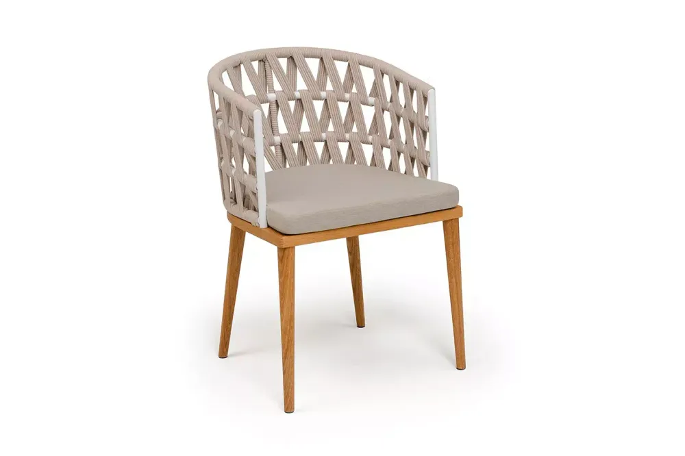 "Диего" стул плетеный из роупа, основание дуб каркас из стали белый муар, роуп бежевый круглый, ткань бежевая 052