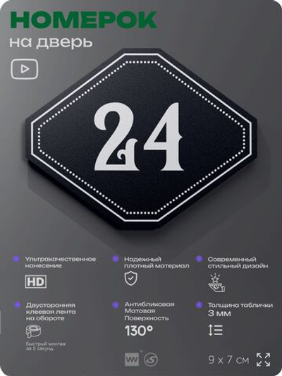 Номерок на дверь квартиры 24, для кабинета, офиса, шильдик 9 х 7 см, черный, Айдентика Технолоджи