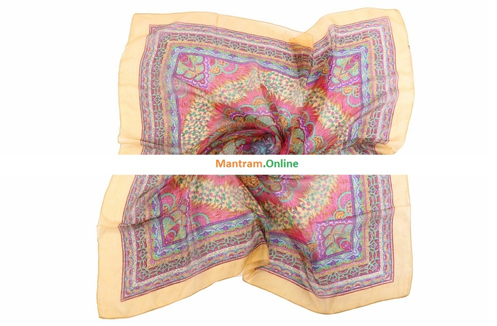 Платок материал Шелк 100% Плотный узор цвет фиолетовый зеленый розовый красный с горчичной каймой 100x100см.