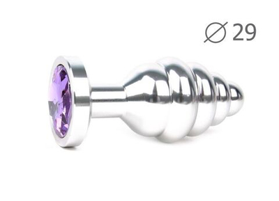 Коническая ребристая серебристая анальная втулка с сиреневым кристаллом - 7,1 см. (Цвет: сиреневый)