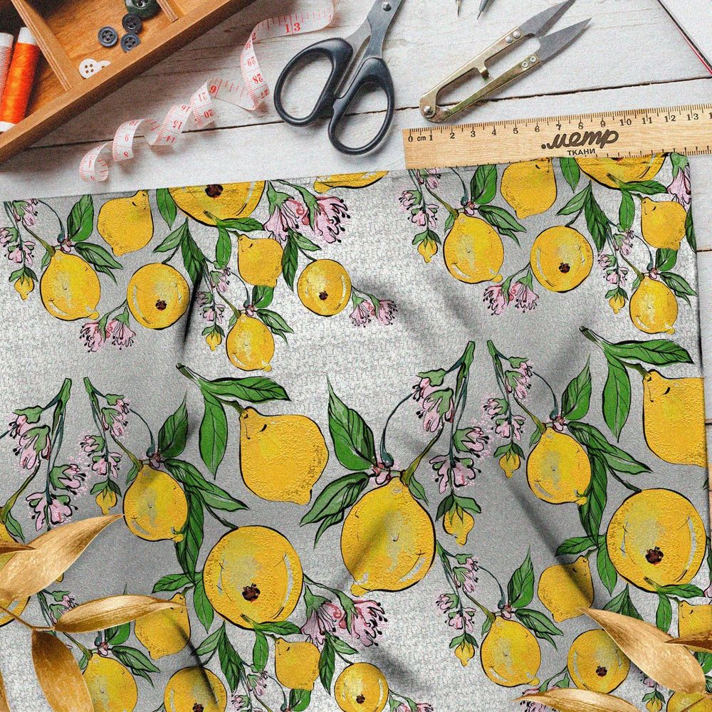 Ткань дюспо лимоны на сером