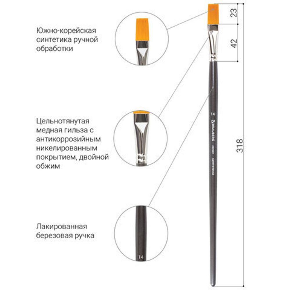 Кисть художественная проф. BRAUBERG ART CLASSIC, синтетика жесткая, плоская, № 14, длинная ручка, 200669
