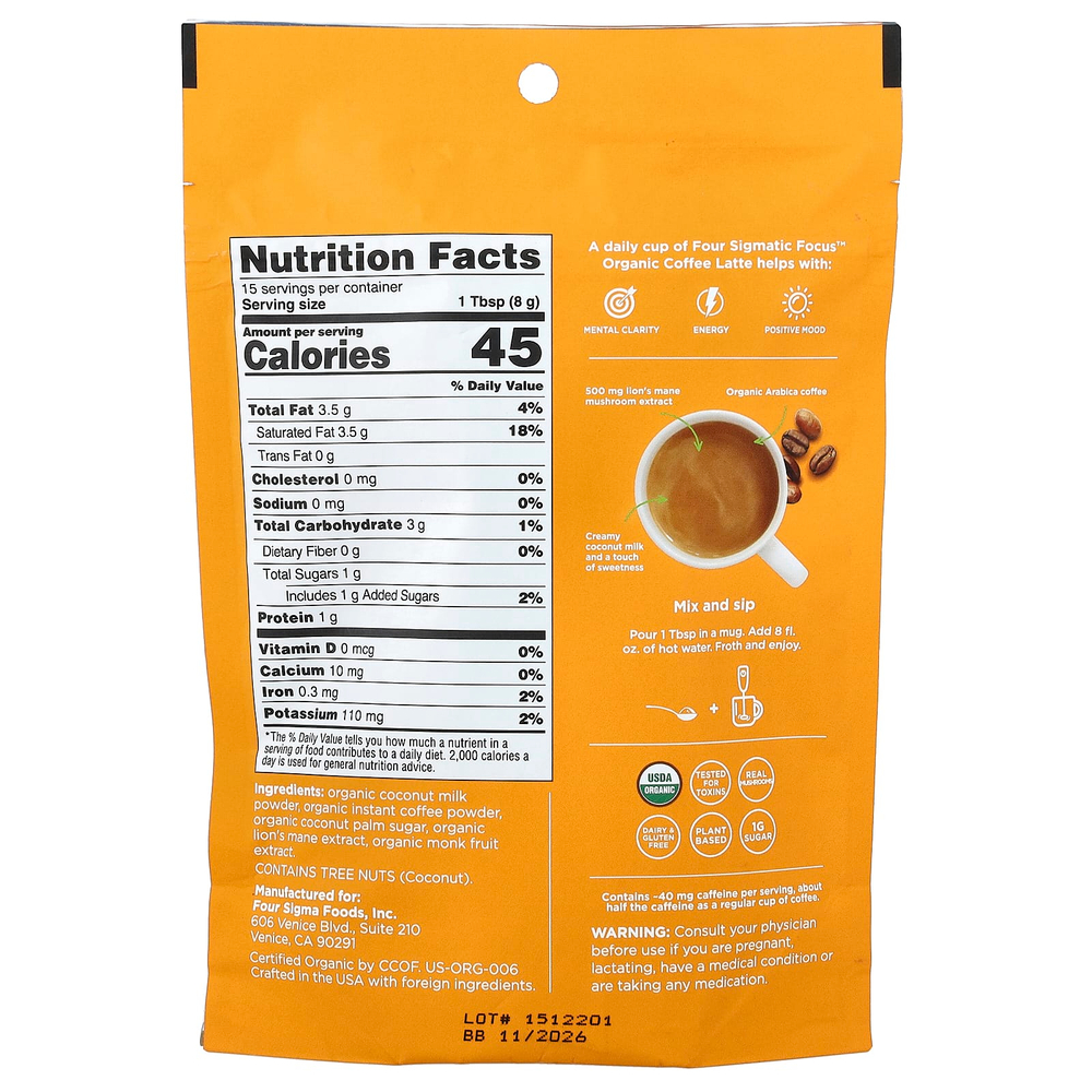 Four Sigmatic, Focus, органический растворимый кофе латте с ежовиком гребенчатым, оригинальный вкус, 120 г (4,23 унции)